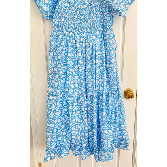 Pink City Prints Lolita Midi Dress Blue Tulip Block Print Smocked Tuckernuck - Picture 7 of 8